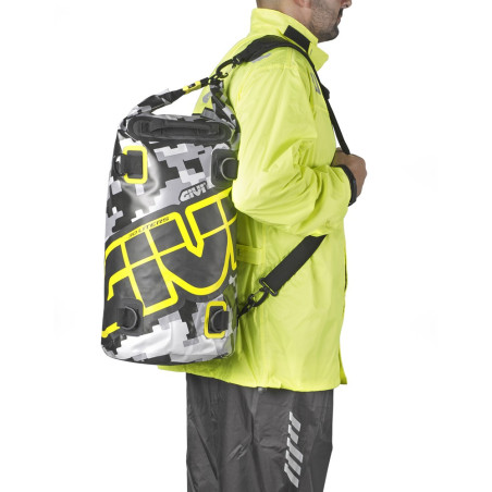 GIVI waterproof roller bag for saddle or luggage rack, 30 lt. Gray and yellow camouflage graphics